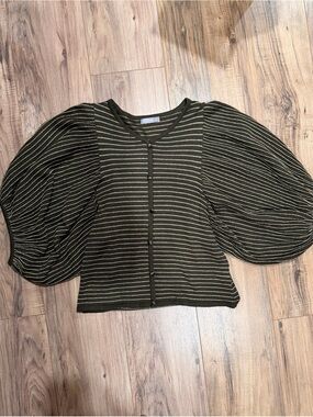 Olive and gold Striped Puff-Sleeve Button-Front Top - Women